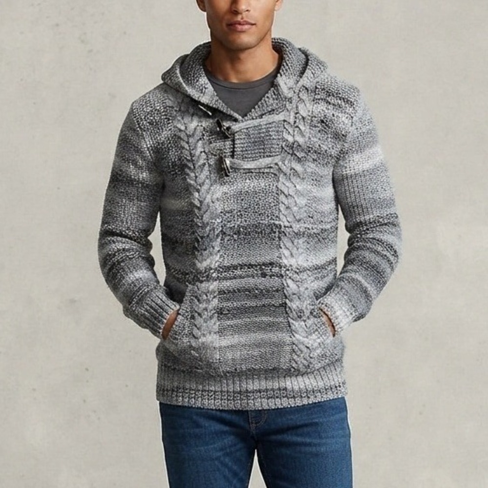 Leif Nelson Mens Grey Chunky Cable Knit Toggle Nordic Hooded Sweater Sz S